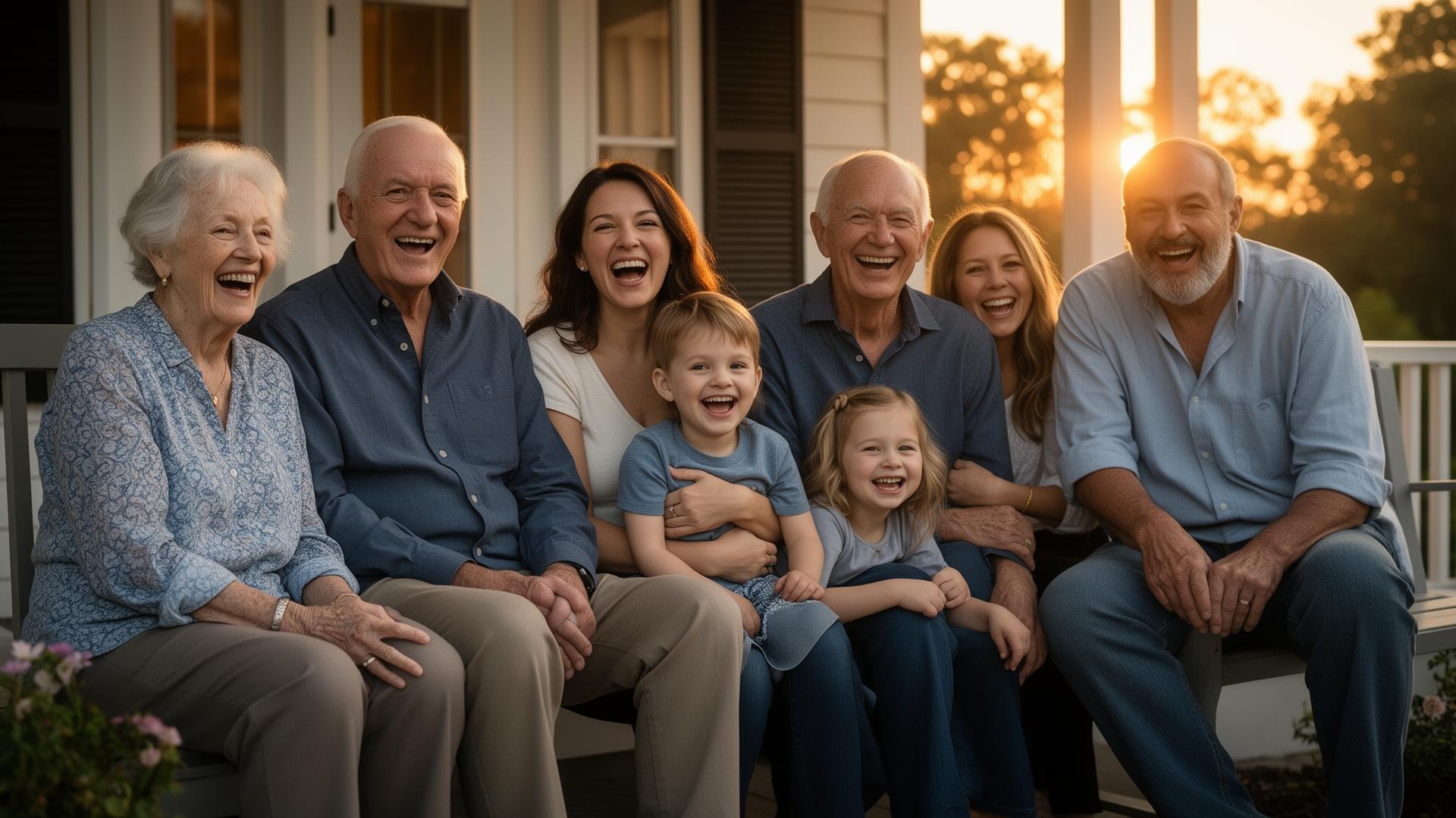 Multi-generational family laughing together on a porch at sunset