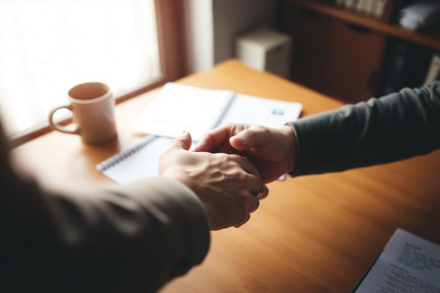 A handshake across a sunlit desk after signing paperwork