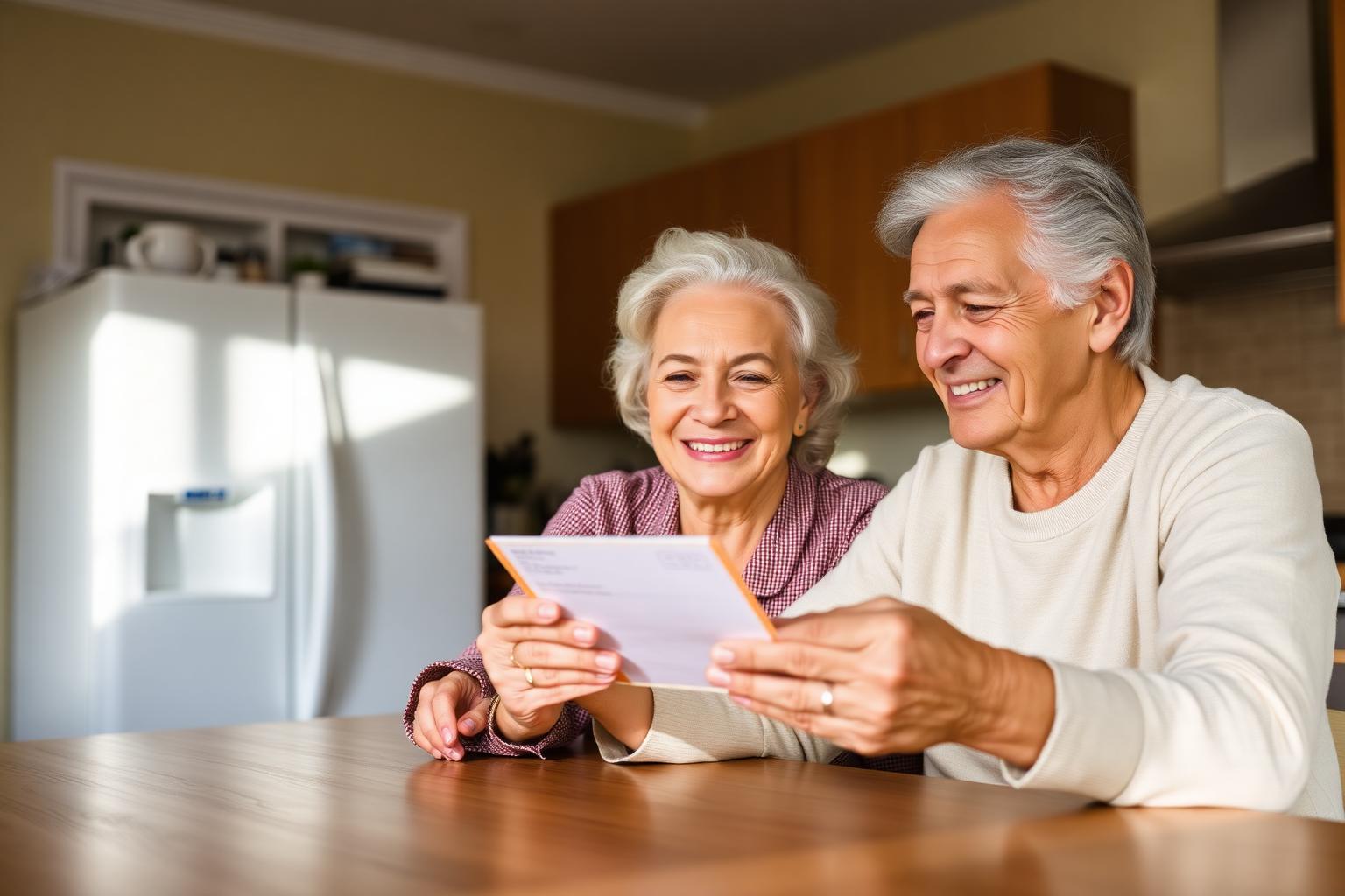 An older couple smiling while opening a check at their kitchen table