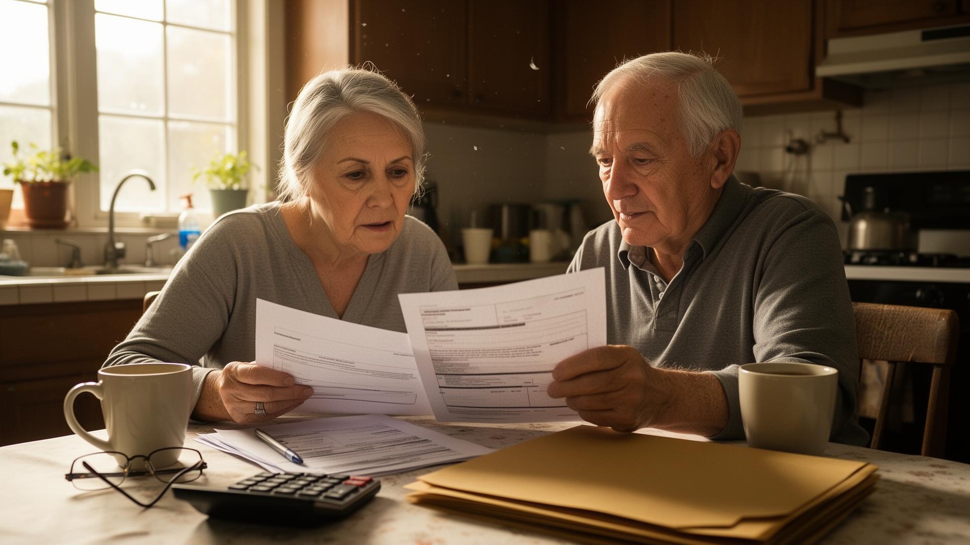 An older couple reviewing retirement paperwork at a sunlit kitchen table