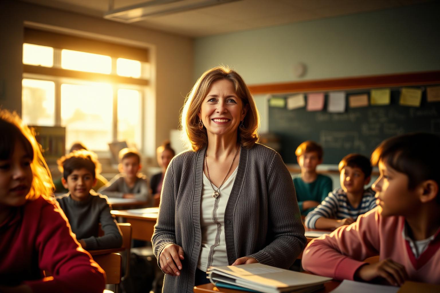A K-12 teacher smiling with her students in a warmly lit classroom